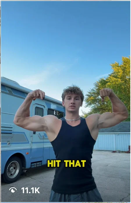 Adrian Fenske Instagram reel, flexing in front of an RV, 11.1 thousand views