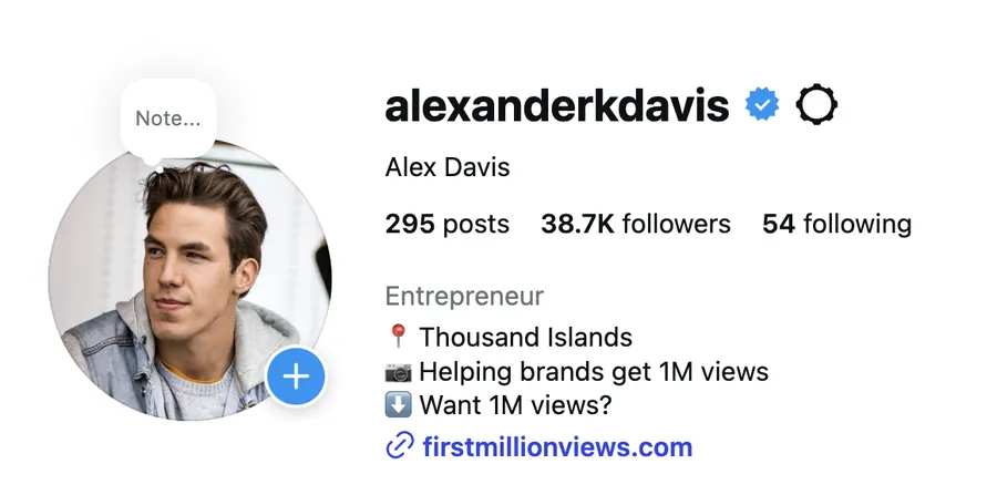 Instagram profile of @alexanderkdavis, Alex Davis, founder of First Million Views, verified, 38.7K followers