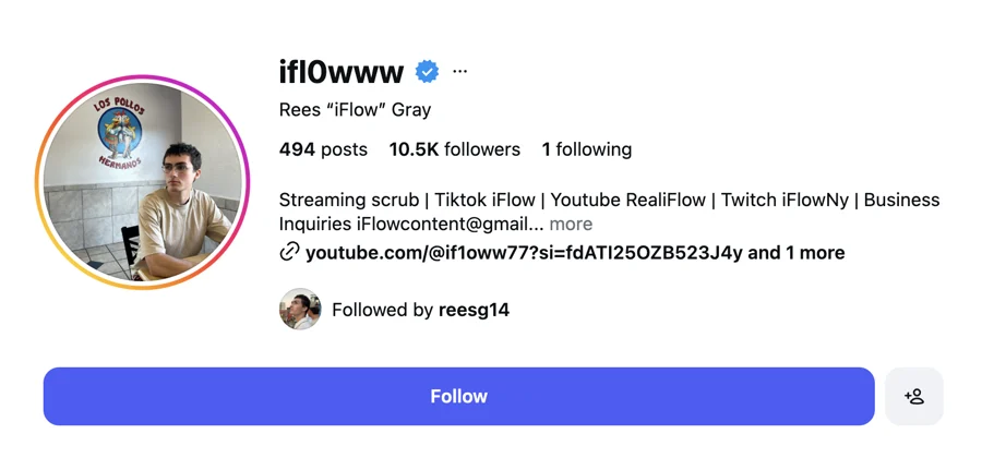 Instagram profile of @ifl0www, Rees iFlow Gray, verified Marvel Rivals streamer: 10.5K followers, 494 posts