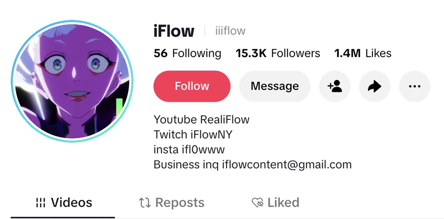 TikTok profile of @iiiflow, iFlow: 15.3K followers, 1.4M likes