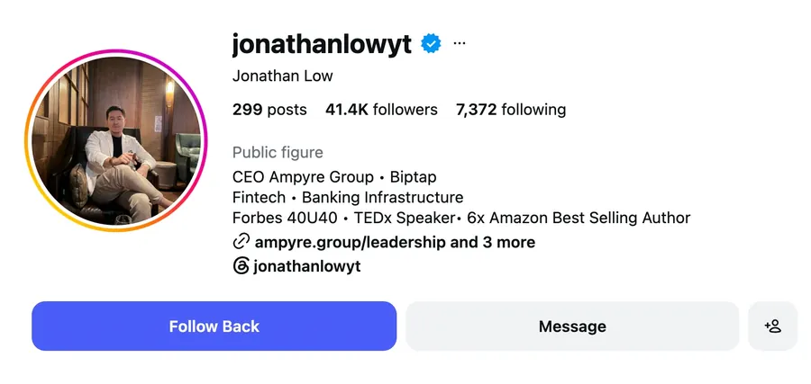 Instagram profile of @jonathanlowyt, Jonathan Low, verified, CEO of Ampyre Group: 41.4K followers