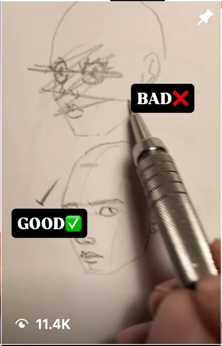 Jordan Dunn Instagram reel, good vs bad face sketch, 11.4 thousand views