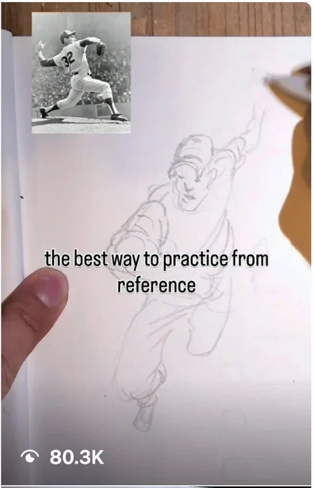 Jordan Dunn Instagram reel, drawing a baseball pitcher from reference, 80.3 thousand views
