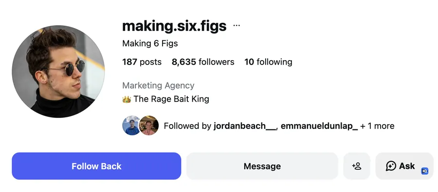 Instagram profile of @making.six.figs, the First Million Views in-house viral experiment: 8,635 followers, 187 posts