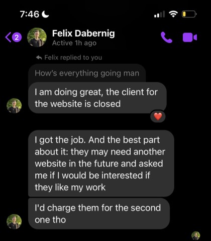 screenshot of a real client or community message about First Million Views