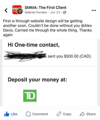 screenshot of a real client or community message about First Million Views