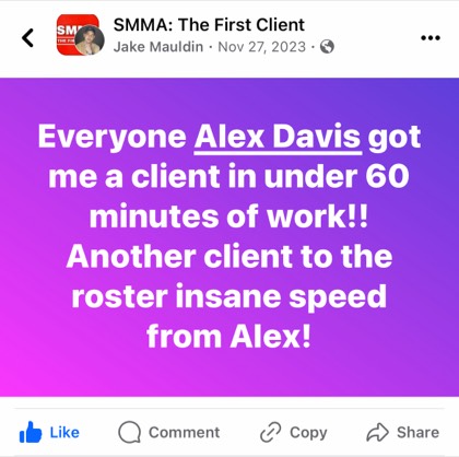 screenshot of a real client or community message about First Million Views
