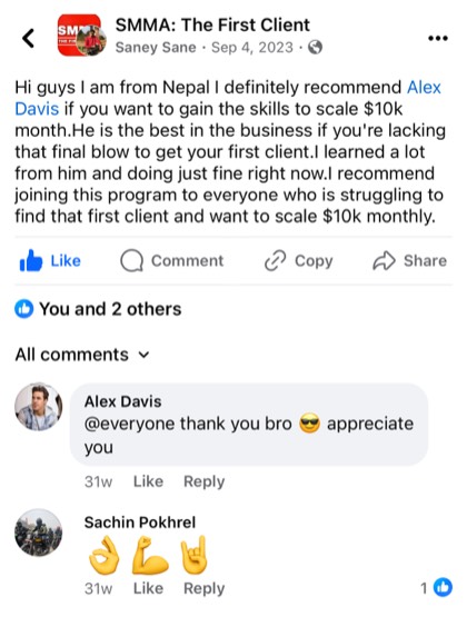 screenshot of a real client or community message about First Million Views
