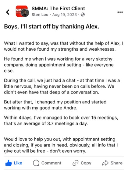 screenshot of a real client or community message about First Million Views
