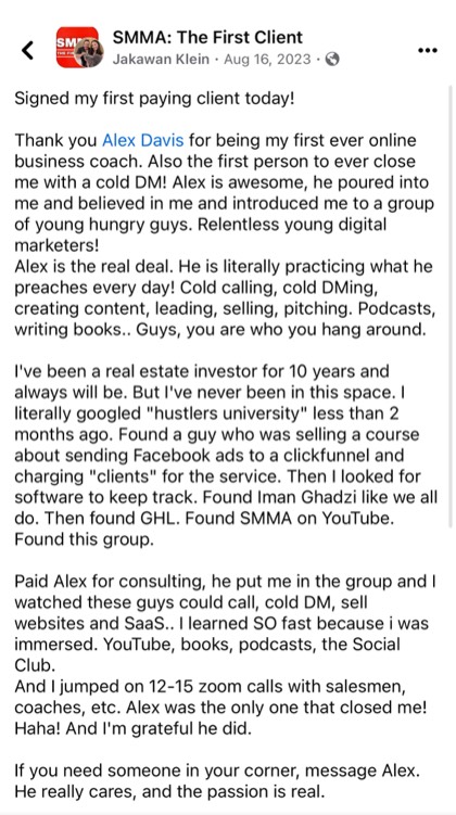 screenshot of a real client or community message about First Million Views