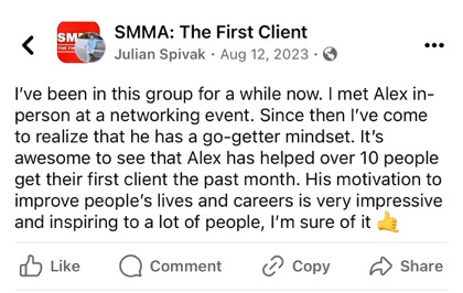 screenshot of a real client or community message about First Million Views