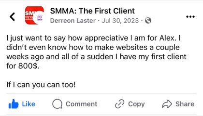 screenshot of a real client or community message about First Million Views