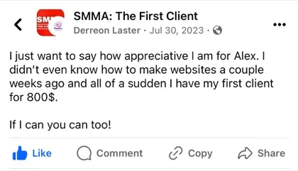 screenshot of a real client message about First Million Views