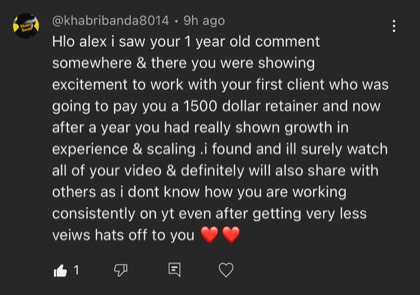screenshot of a real client or community message about First Million Views
