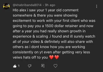 screenshot of a real client message about First Million Views