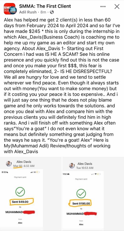 screenshot of a real client or community message about First Million Views
