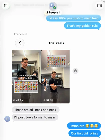 screenshot of a real client thread: two Instagram trial reels at 49.8K and 51.4K views, and the 10K-views rule for pushing a trial reel to the main feed