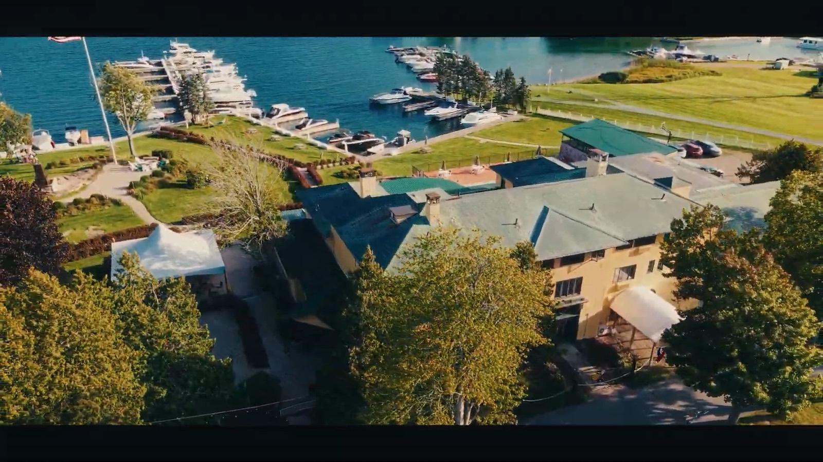 Aerial view of the Thousand Islands Club marina, from a brand film by First Studios